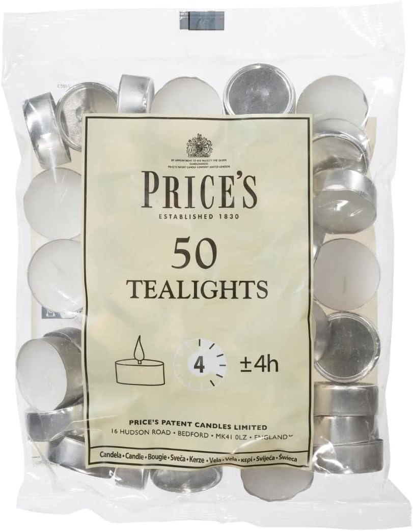 Price's Patent Candles White Tealights Bag, 50 Pack, Unscented Wax Tea Lights
