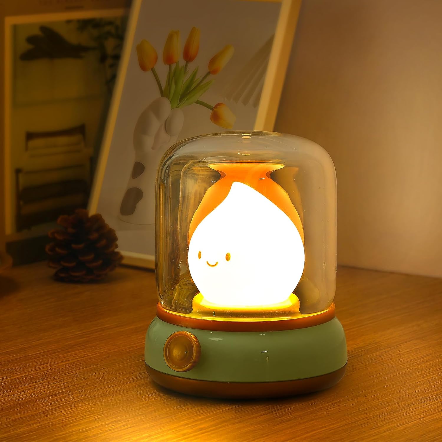 Vomii Ghost Campfire Night Light, Small Cute Kerosene Bedside Lamp With Timer & Rechargeable Battery