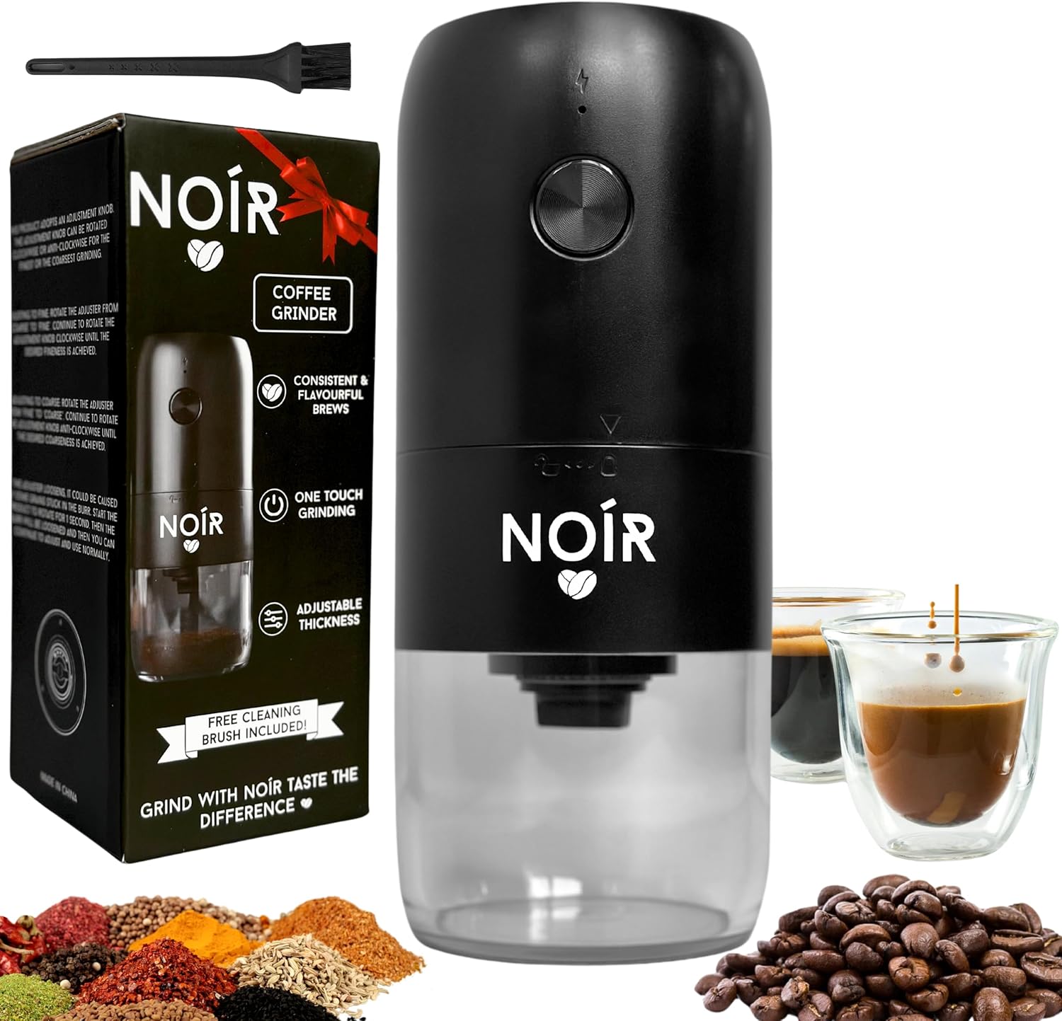 Noír Portable Electric Coffee Grinder - Ceramic Burr Coffee Mill & Spice Grinder