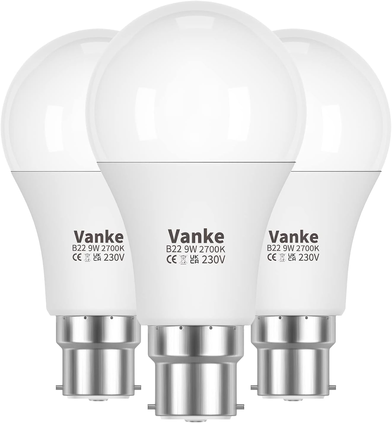 Vanke Bayonet Light Bulb 60W Equivalent, B22 Led, Warm White 2700K, Non-Dimmable, 9W Energy Saver, 3-Pack