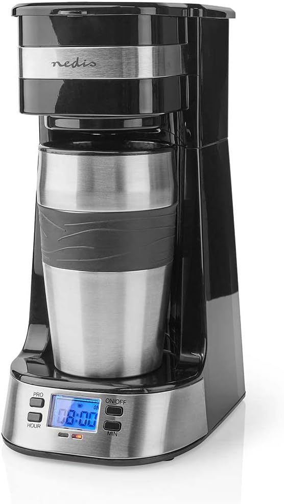 Ex-Pro Single Serve 1 Cup Coffee Maker Digital Machine With Timer And Travel Mug, Stainless Steel