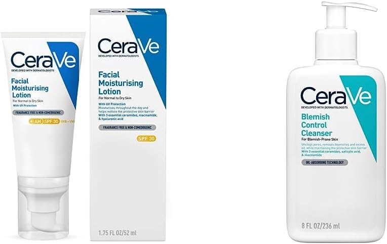 Cerave Am Facial Moisturising Lotion Spf30 With Ceramides For Normal To Dry Skin 52Ml & Blemish Control Cleanser 236Ml