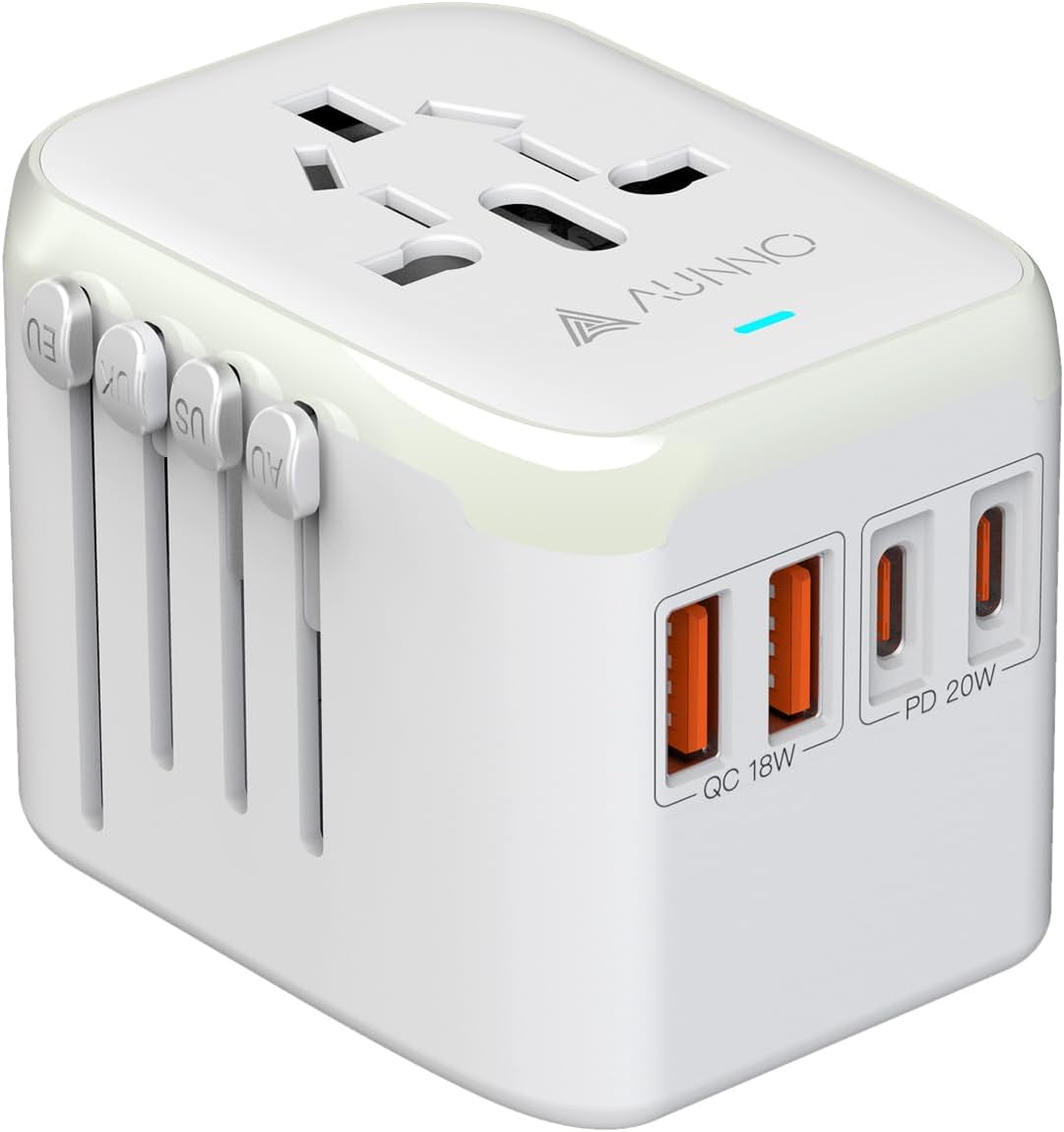 Aunno Universal Travel Adapter, Pd 20W Fast Charging Plug With 2 Usb-C And 2 Usb-A Ports, Suitable For Europe, Uk, Us, Australia And More