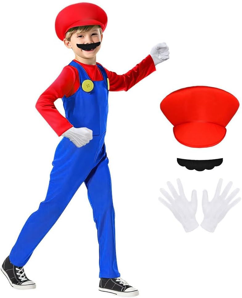 Aoowu Kids Mario Costume Set - Official Mario Brothers Outfit For Halloween And Cosplay Events