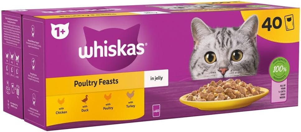 Whiskas 1+ Adult Wet Cat Food Pouches - 40 X 85G Poultry Selection