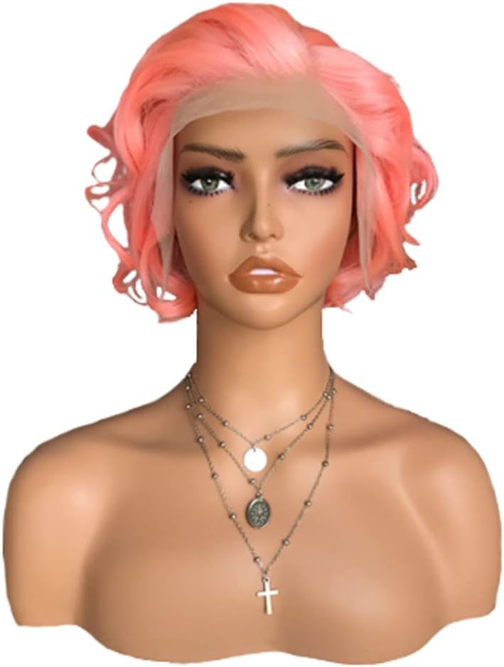 Khdont Refrescante Pink Human Hair Lace Front Wig 180% Density Short Wavy Style