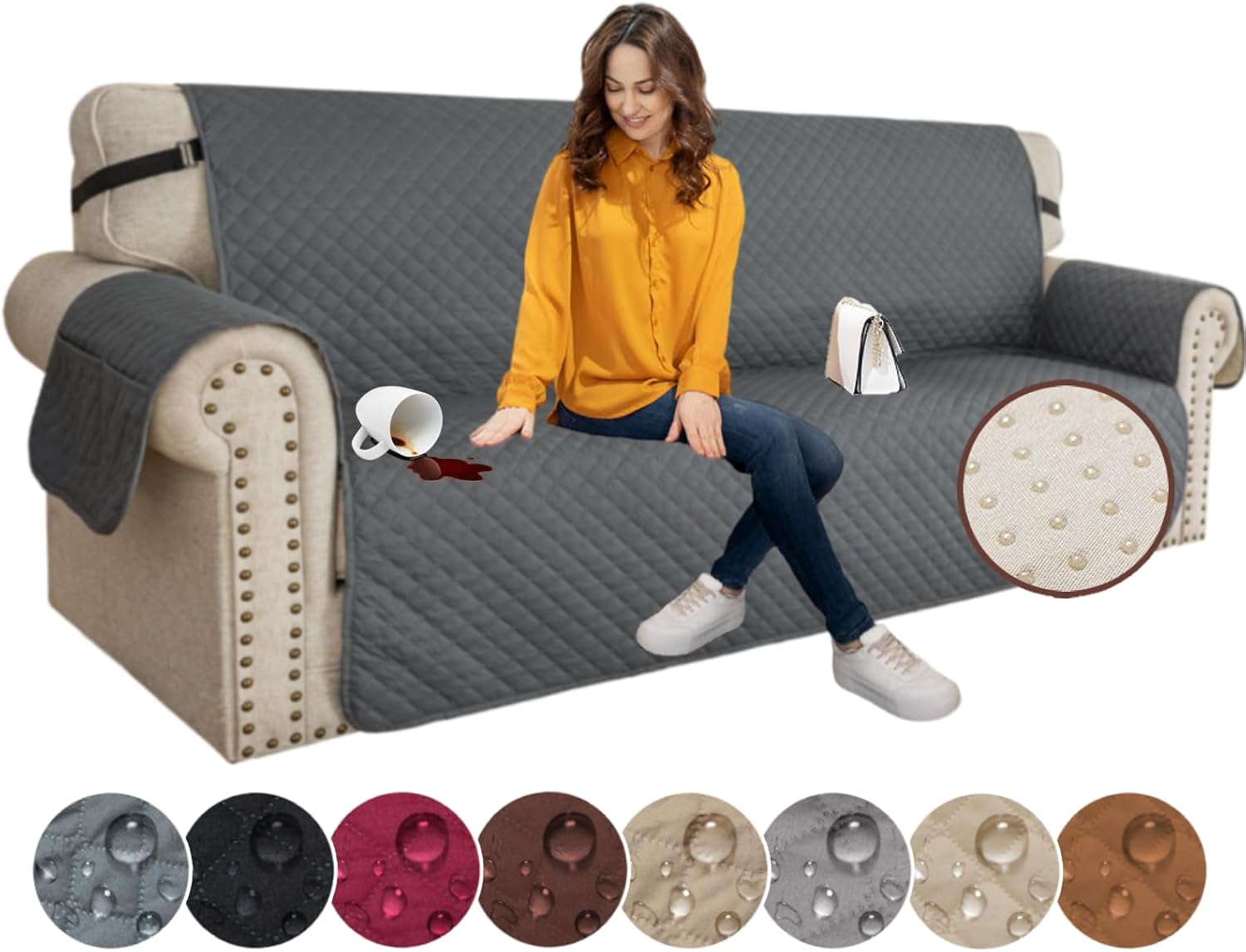 Xineage Quilted Sofa Cover 3 Seater, Water Resistant Couch Protector, Dark Grey