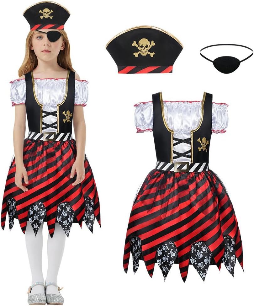 Aomig Girls Pirate Costume 3-Piece Set With Hat And Eye Patch