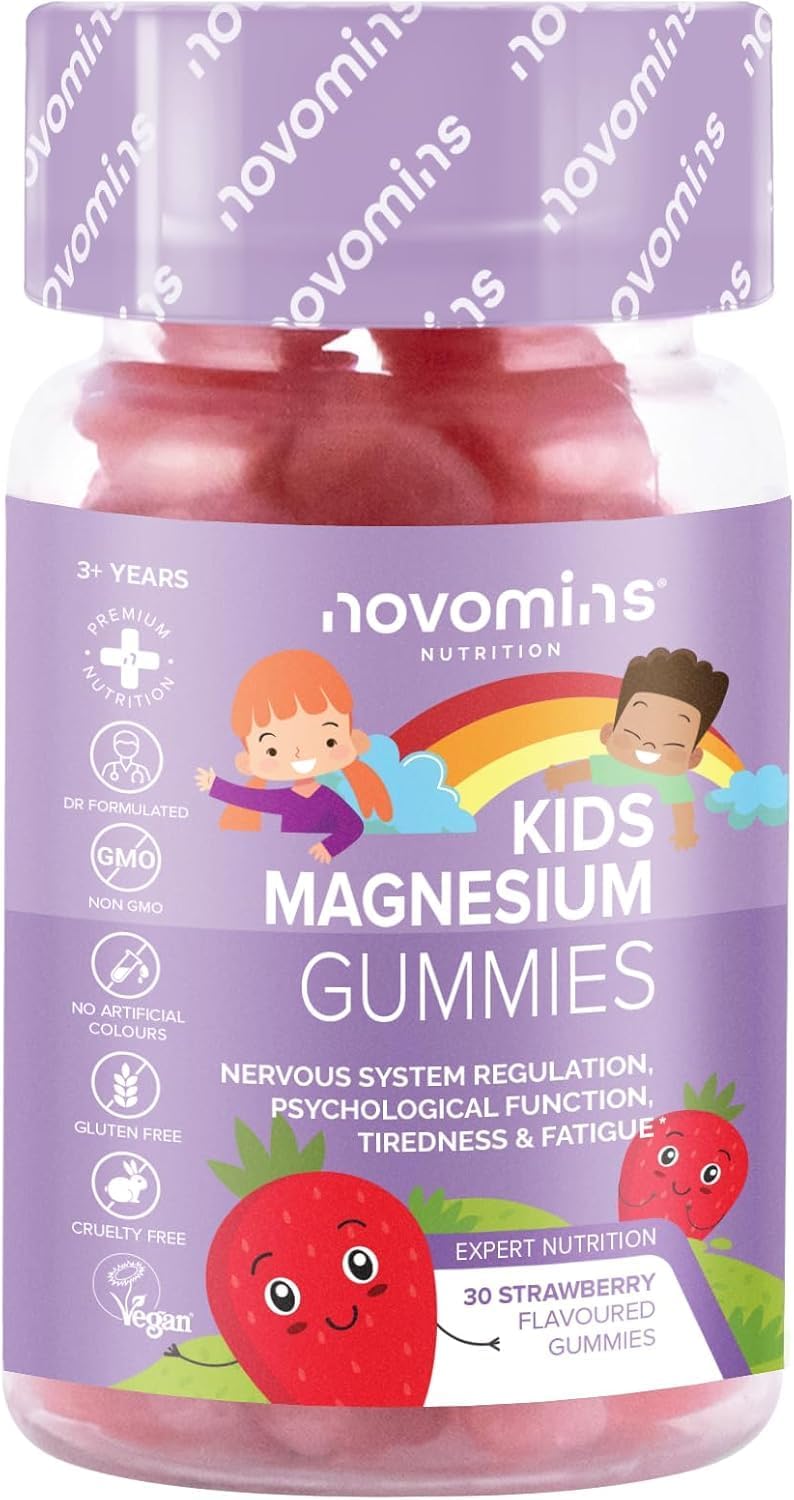 Novomins Kids Magnesium Gummies - Vegan, 1 Month Supply, 30 Chewable Vitamins, 60Mg Magnesium Per Serving