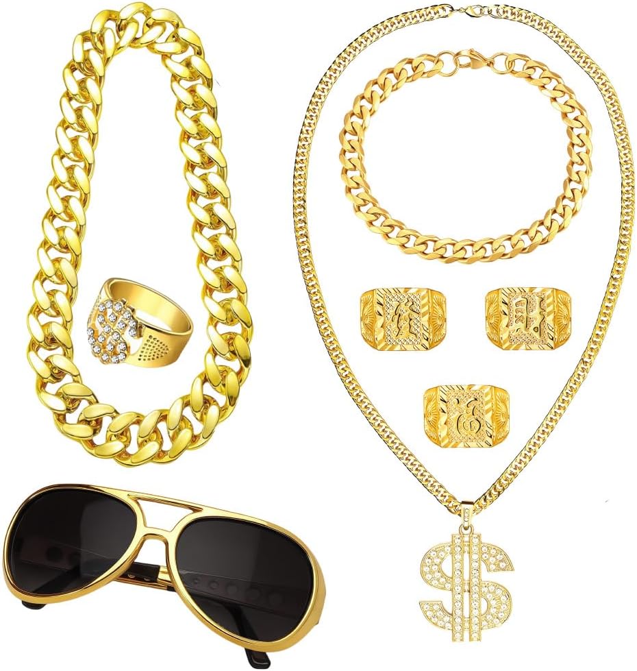 8 Piece Hip Hop Costume Kit With Gold Chain Necklace And Vintage Sunglasses - Hpmaison