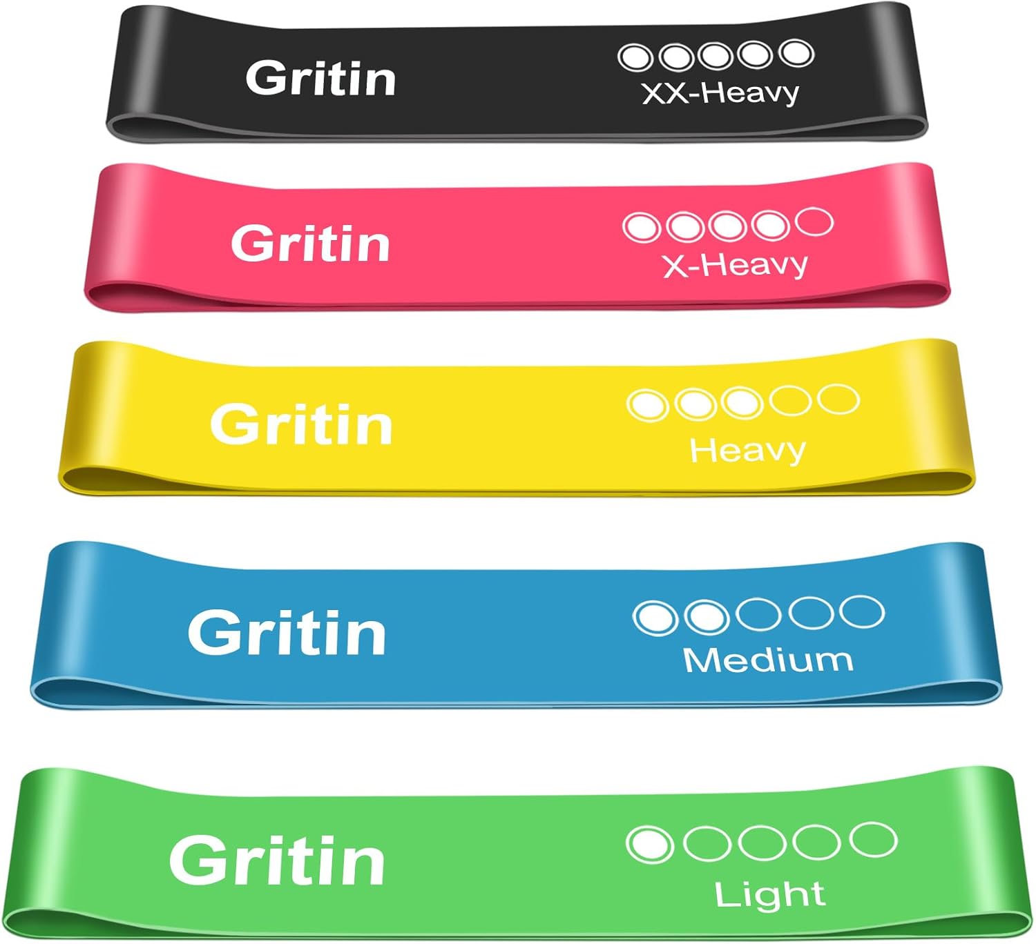 Gritin Resistance Bands Set Of 5 - Skin-Friendly Fitness Exercise Loop Bands With Carrying Case