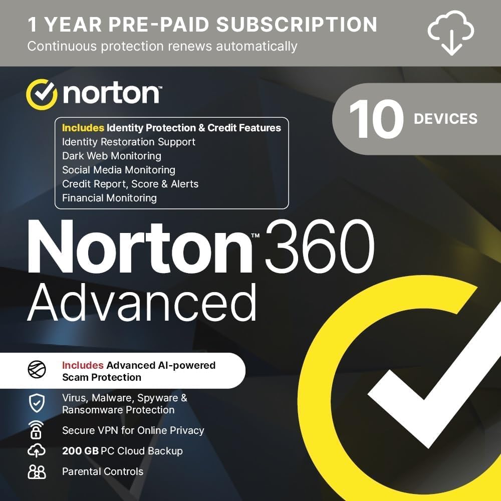 Norton 360 Advanced 2025 - 10 Device, 12 Month Subscription With Identity Restoration Support & Vpn