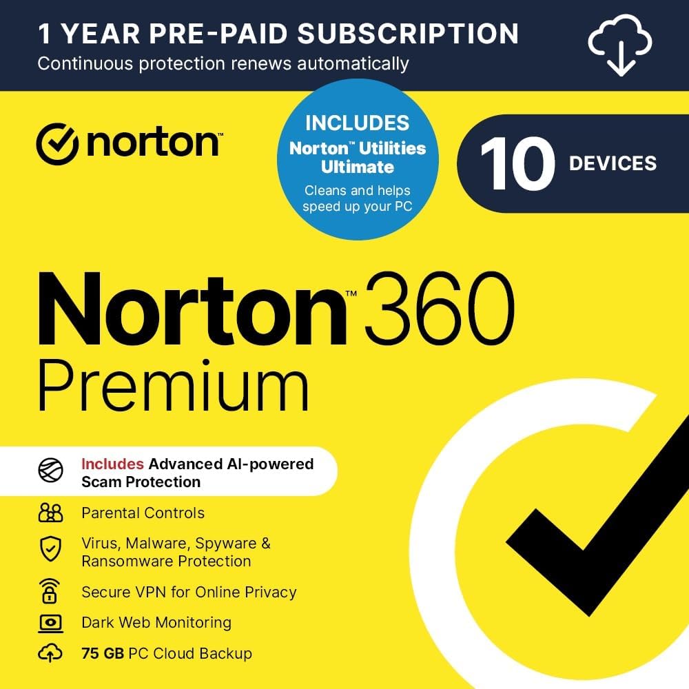 Norton 360 Premium + Utilities 2025 Antivirus Software With Vpn And Cloud Backup For Up To 10 Devices