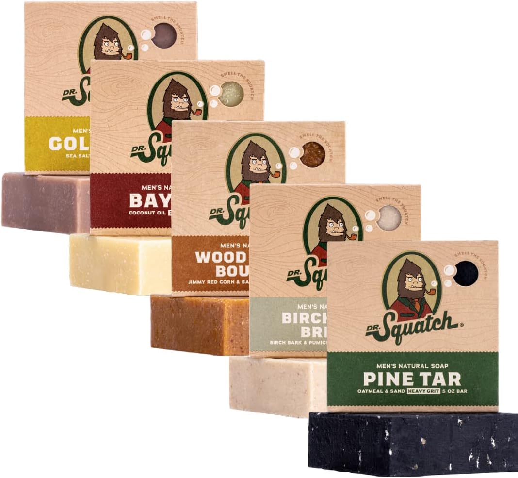 Dr. Squatch Natural Soap Bar For Men 5-Pack - Bay Rum, Birchwood Breeze, Gold Moss, Pine Tar, Wood Barrel Bourbon