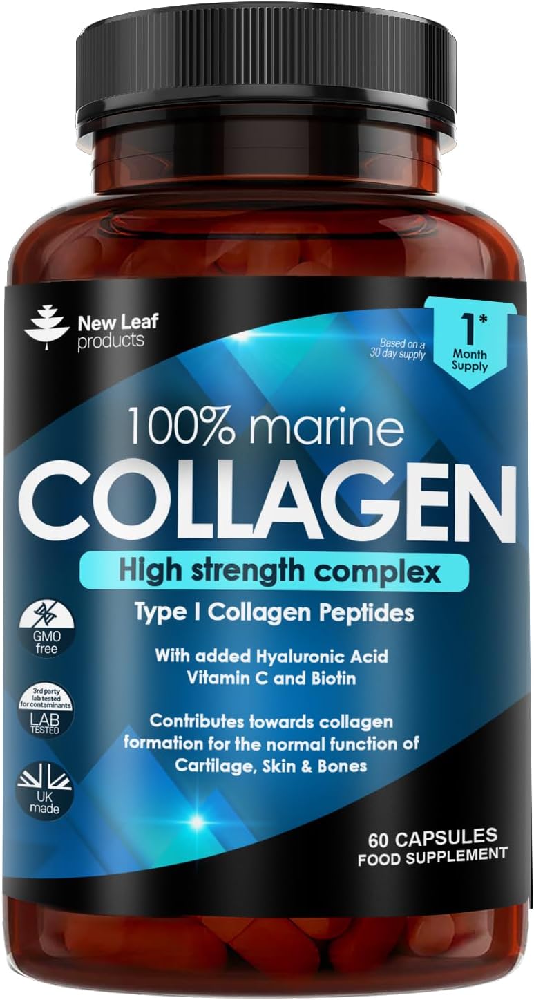 New Leaf Products Pure Marine Collagen 100% Type 1 Hydrolysed Collagen Peptides Supplements With Hyaluronic Acid & Vitamin C - 60 Capsules