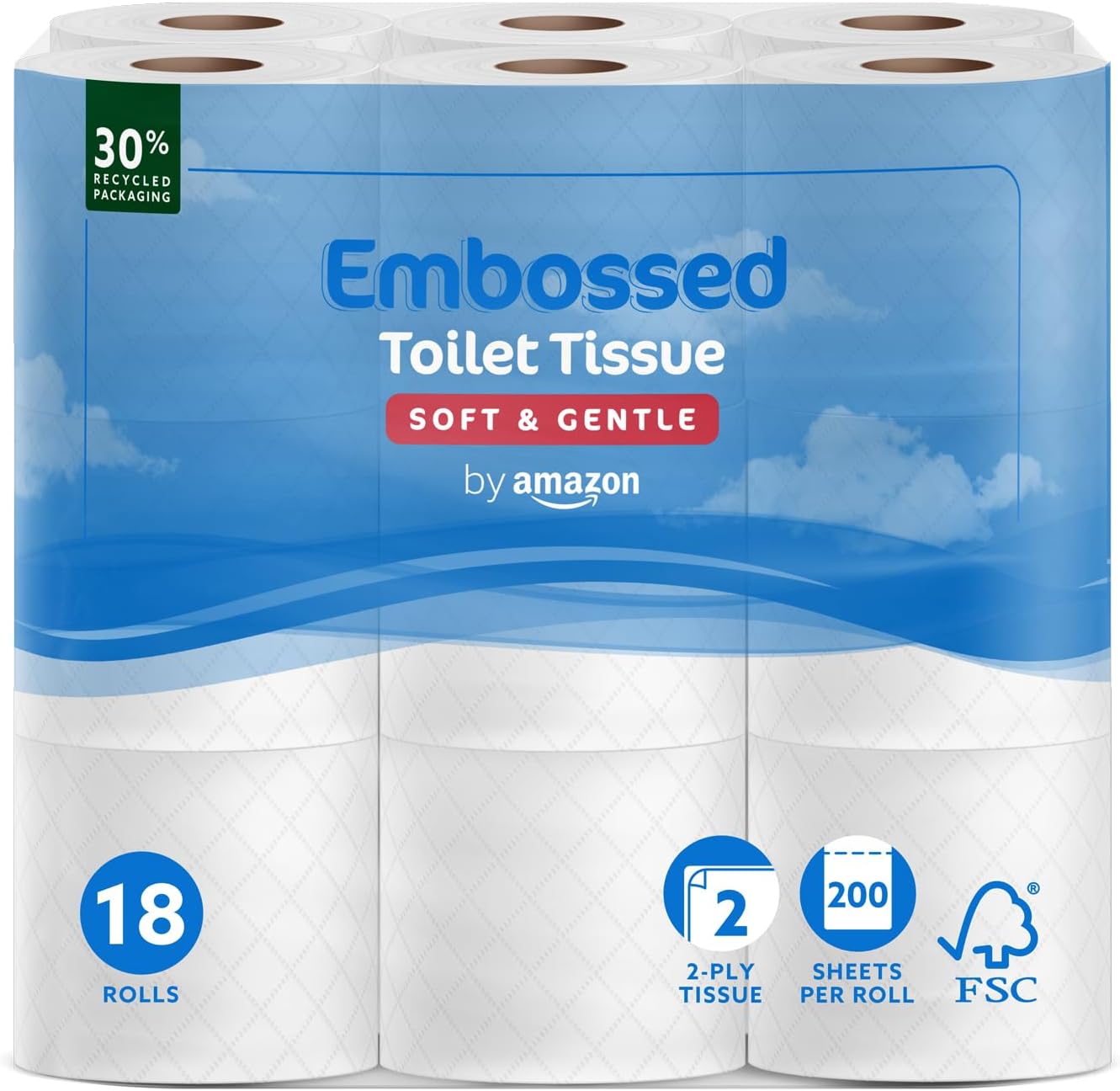 By Amazon 2-Ply Embossed Toilet Roll, Soft And Gentle, 18 Rolls, Fsc Certified