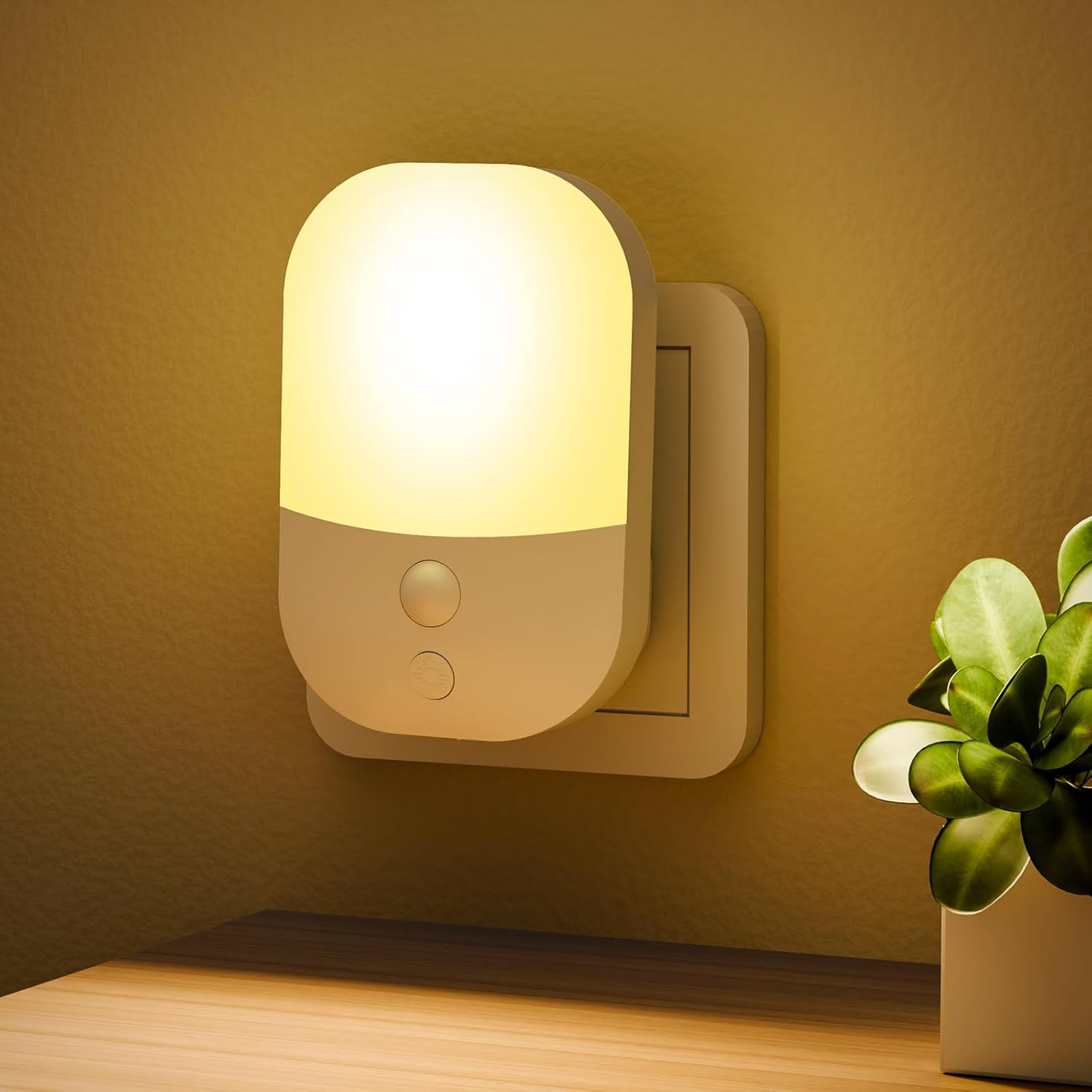 Detake Night Light Plug In Wall With Dusk To Dawn Photocell Sensor, 5 Brightness Levels, Warm White Led