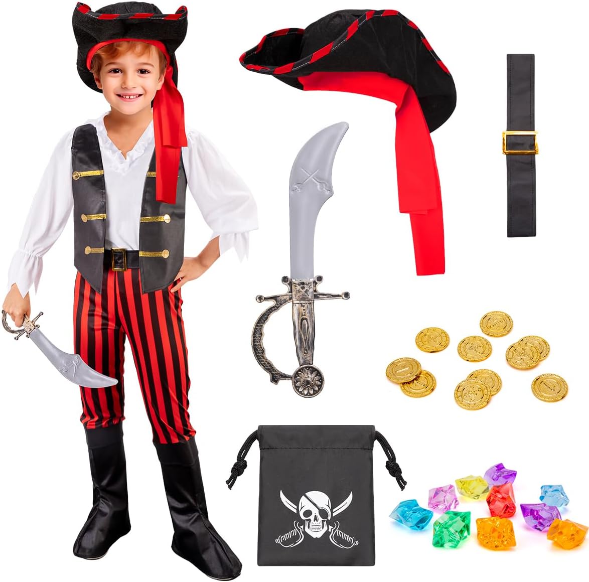 Meland Pirate Costume For Kids - Boys & Girls Dress Up With Hat And Boot-Covers, Ages 3-10, Fz001 Model