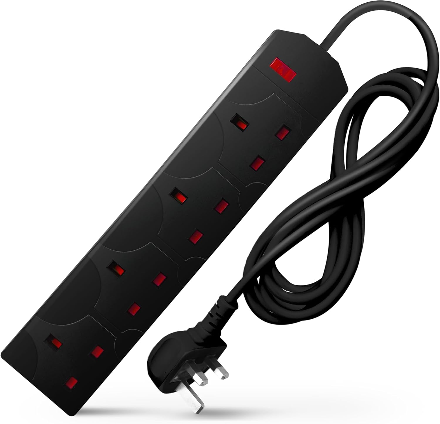 Desiretech 4 Gang Black Electric Extension Lead, 2M Long, Wall Mountable, Uk Plug