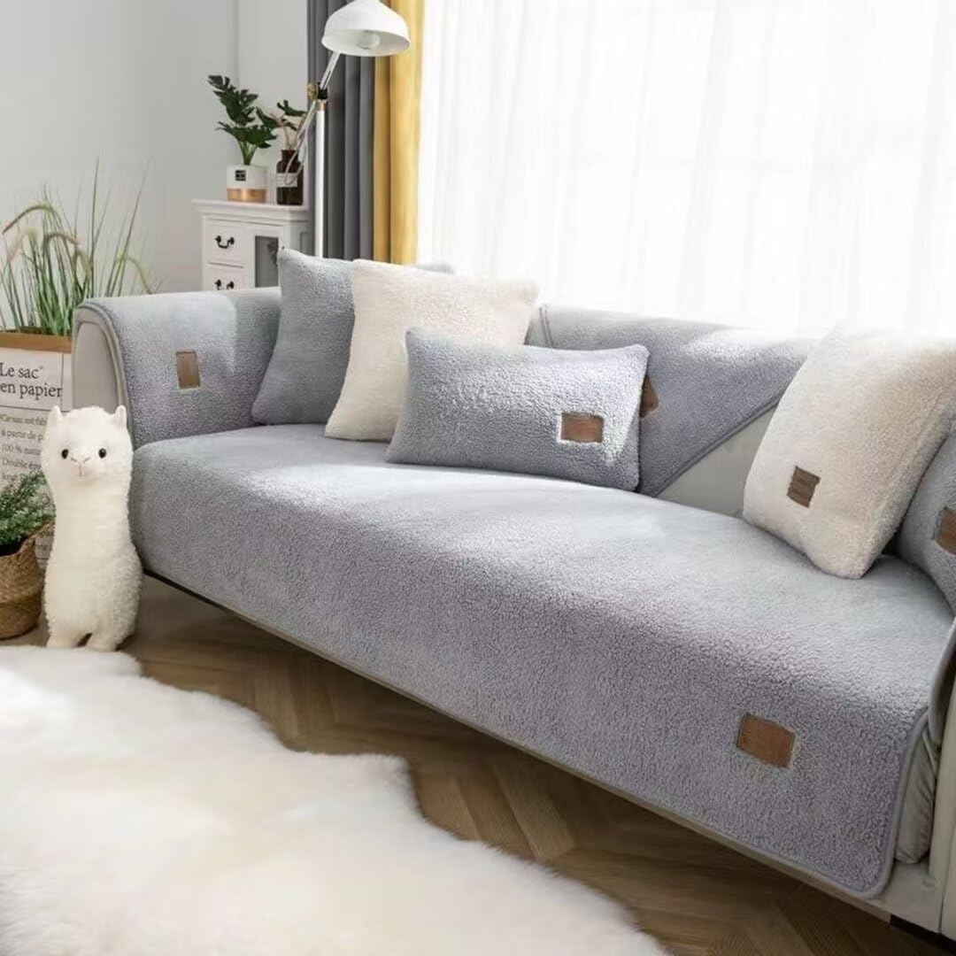 Bohrencl Sherpa Fleece Sofa Cover, Grey, Universal Non-Slip L Shape Couch Protector