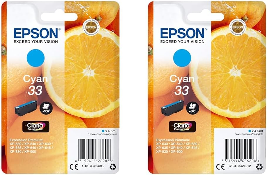 Epson 33 Cyan Ink Cartridge, Genuine Claria Premium Ink, Standard Capacity Pack Of 2