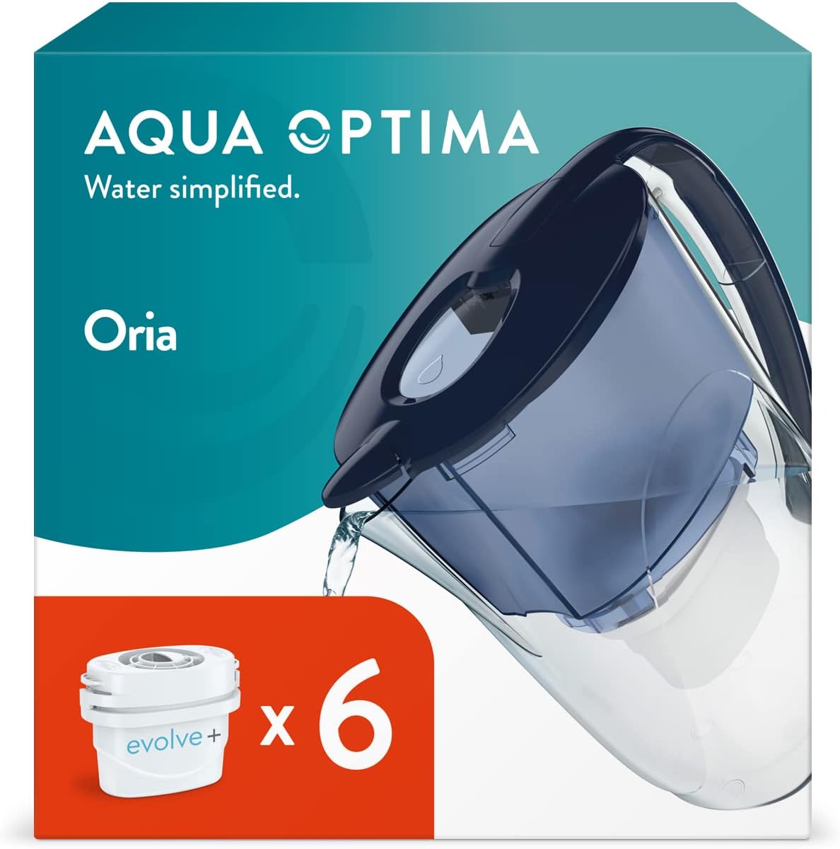 Aqua Optima Oria Water Filter Jug & 6 X 30 Day Evolve+ Filter Cartridges, 2.8 Litre Capacity