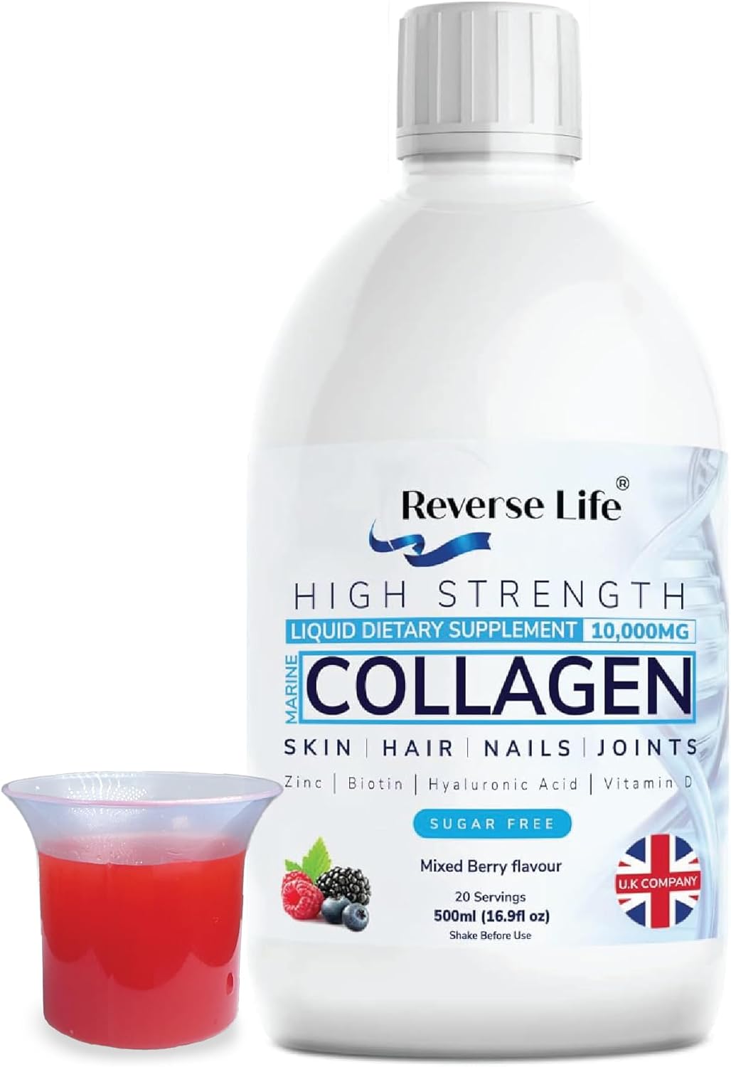 Reverse Life High Strength Marine Collagen Liquid Supplement - 10,000Mg Hydrolysed Collagen With Vitamins C & D, Hyaluronic Acid And Biotin For Skin, Hair, Nails And Joints.