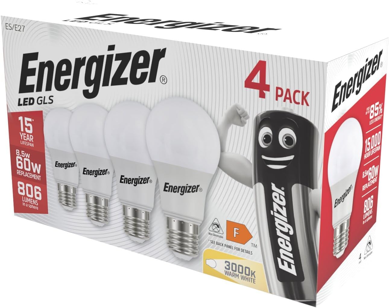 Energizer Gls Replacement Led Bulb 4 Pack (Warm White, E27, 60W Equivalent)