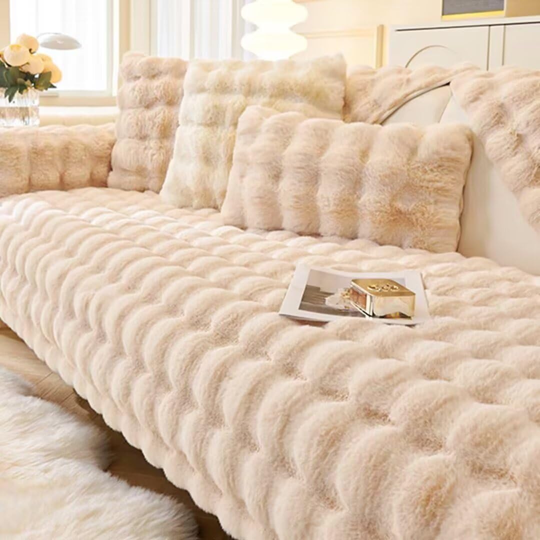 Hovoto Thick Rabbit Plush Sofa Cover 1/2/3 Seater Beige Faux Fur Slipcover