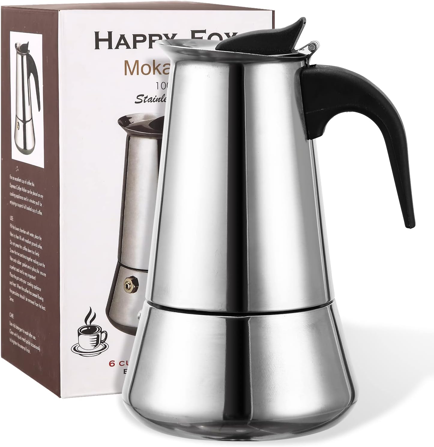 Happy Fox Moka Pot Coffee Maker, 300Ml Stainless Steel Stovetop Espresso Machine, Model 300