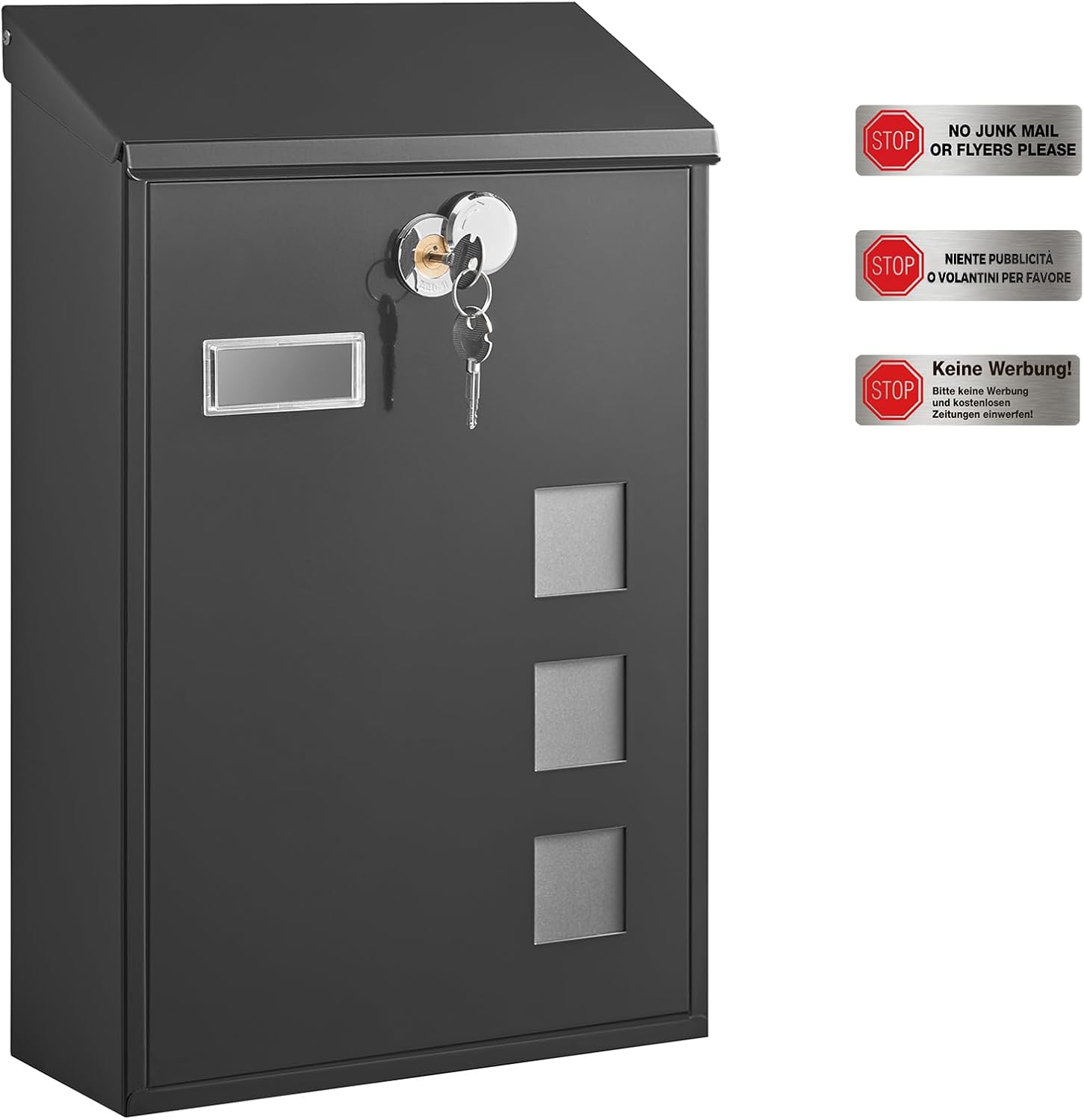 Songmics Gmb031B02 Modern Wall Mounted Post Box With Copper Core Lock And Viewing Windows, Black