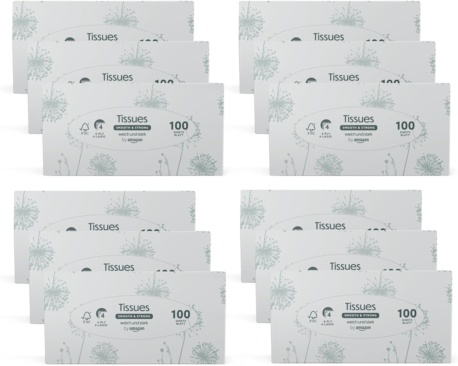 By Amazon 4-Ply Facial Tissues, 1200 Count (12 Packs Of 100)