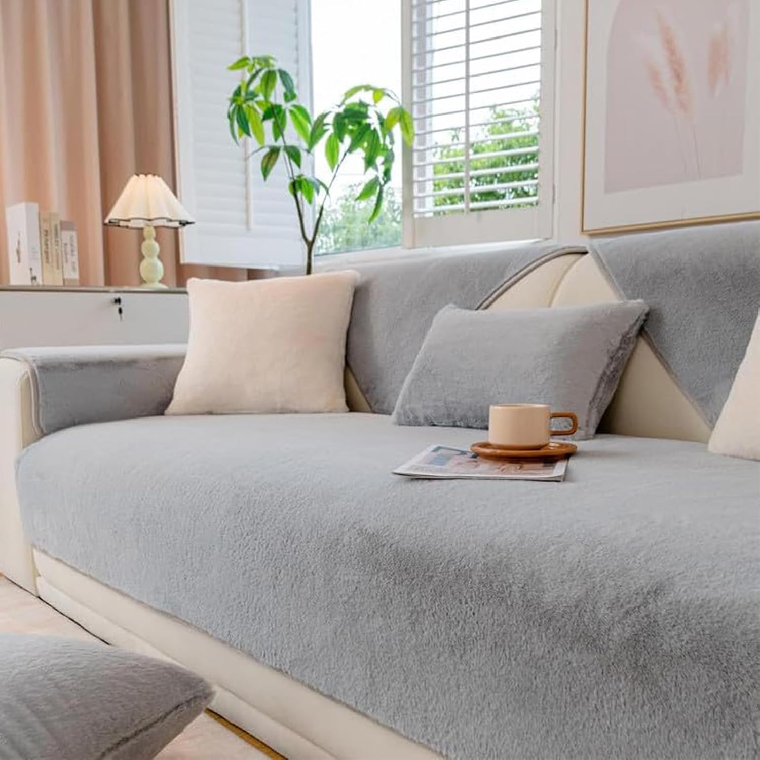 Gkxlh Soft Mink Velvet Sofa Cover, Washable Non-Slip 1/2/3 Seater Grey