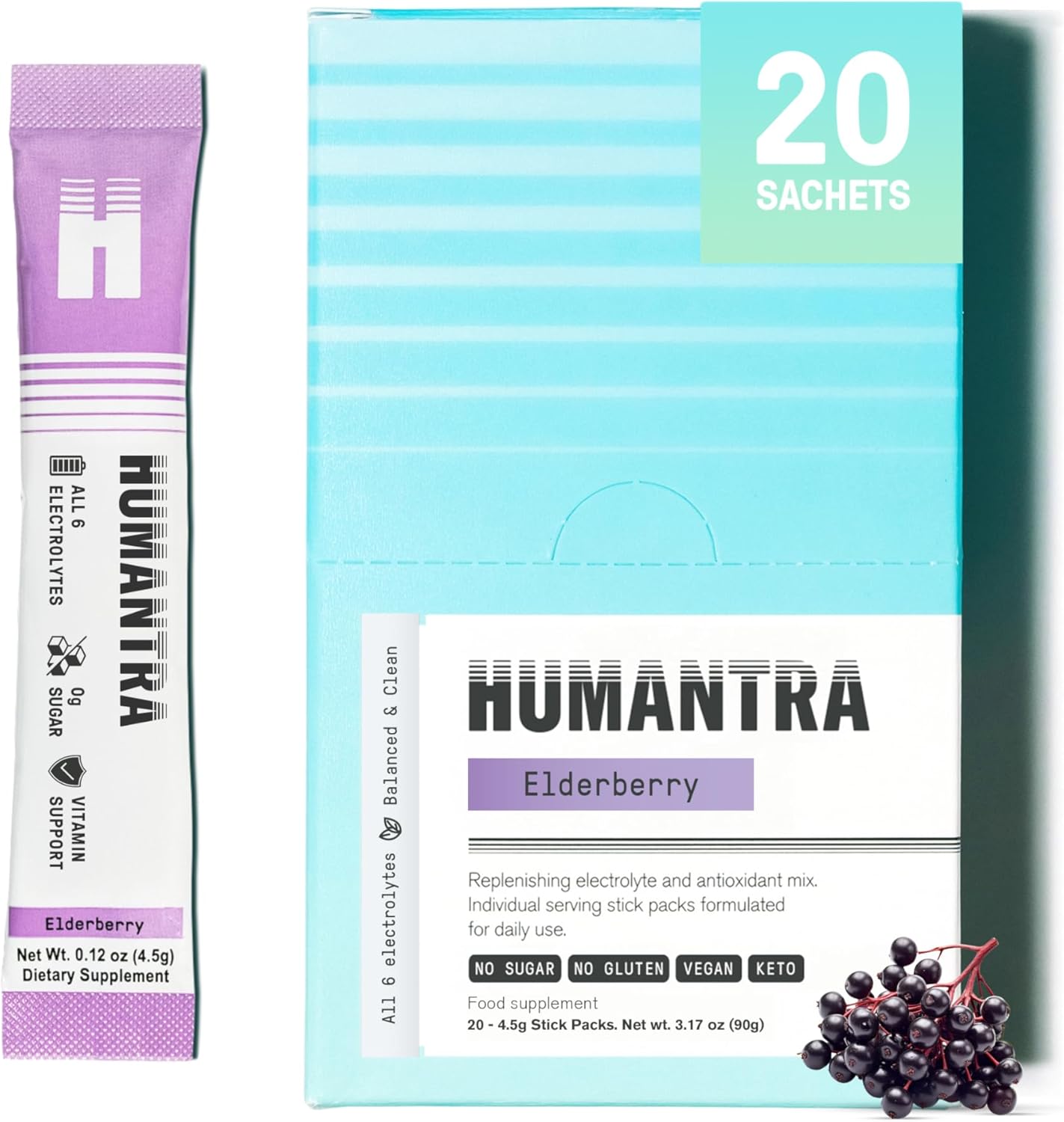 Humantra Hydration Packets - Zero Sugar Electrolyte Hydration Multiplier With Essential Minerals & 6 Electrolytes (Elderberry)