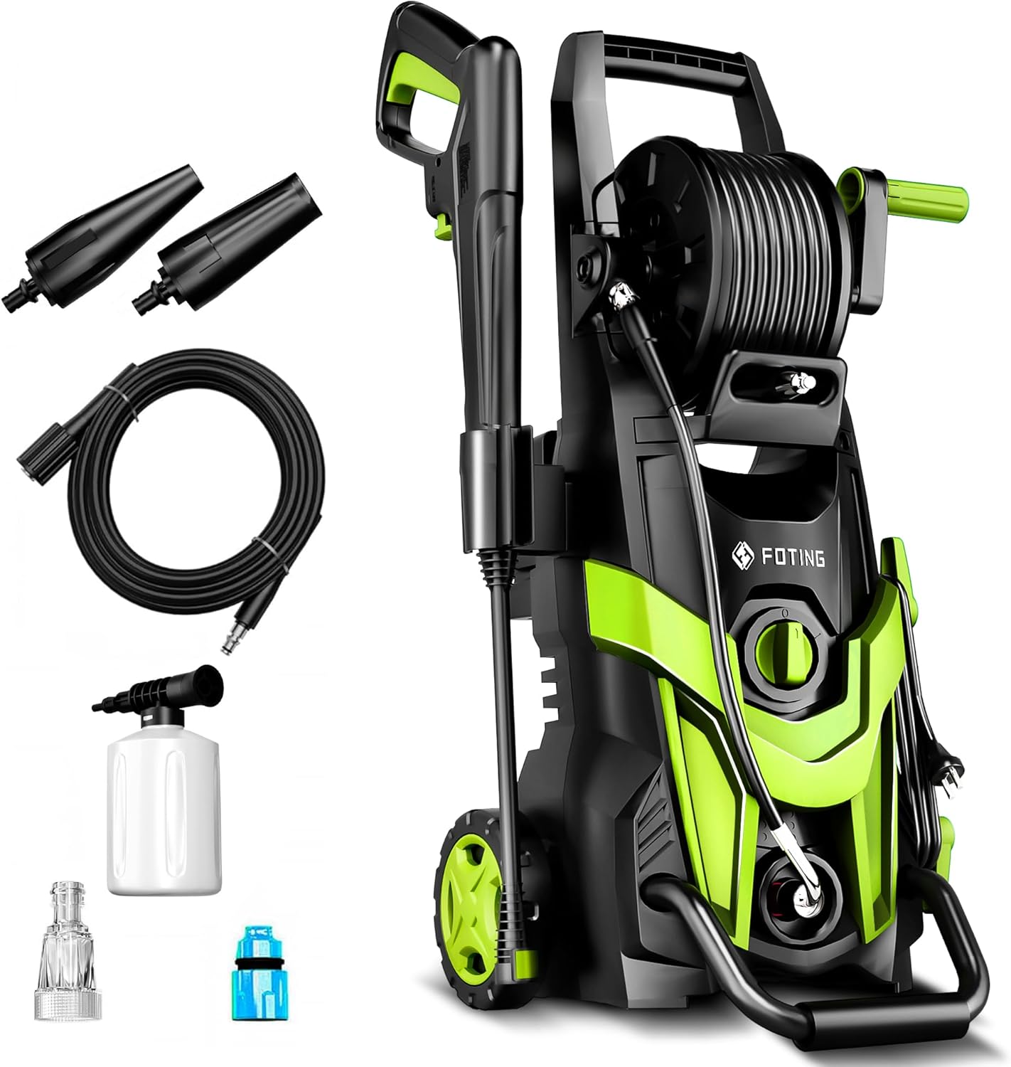 Foting Pressure Power Washer With Hose Reel, Foam Cannon And Adjustable Nozzles, 145 Bar Max Pressure