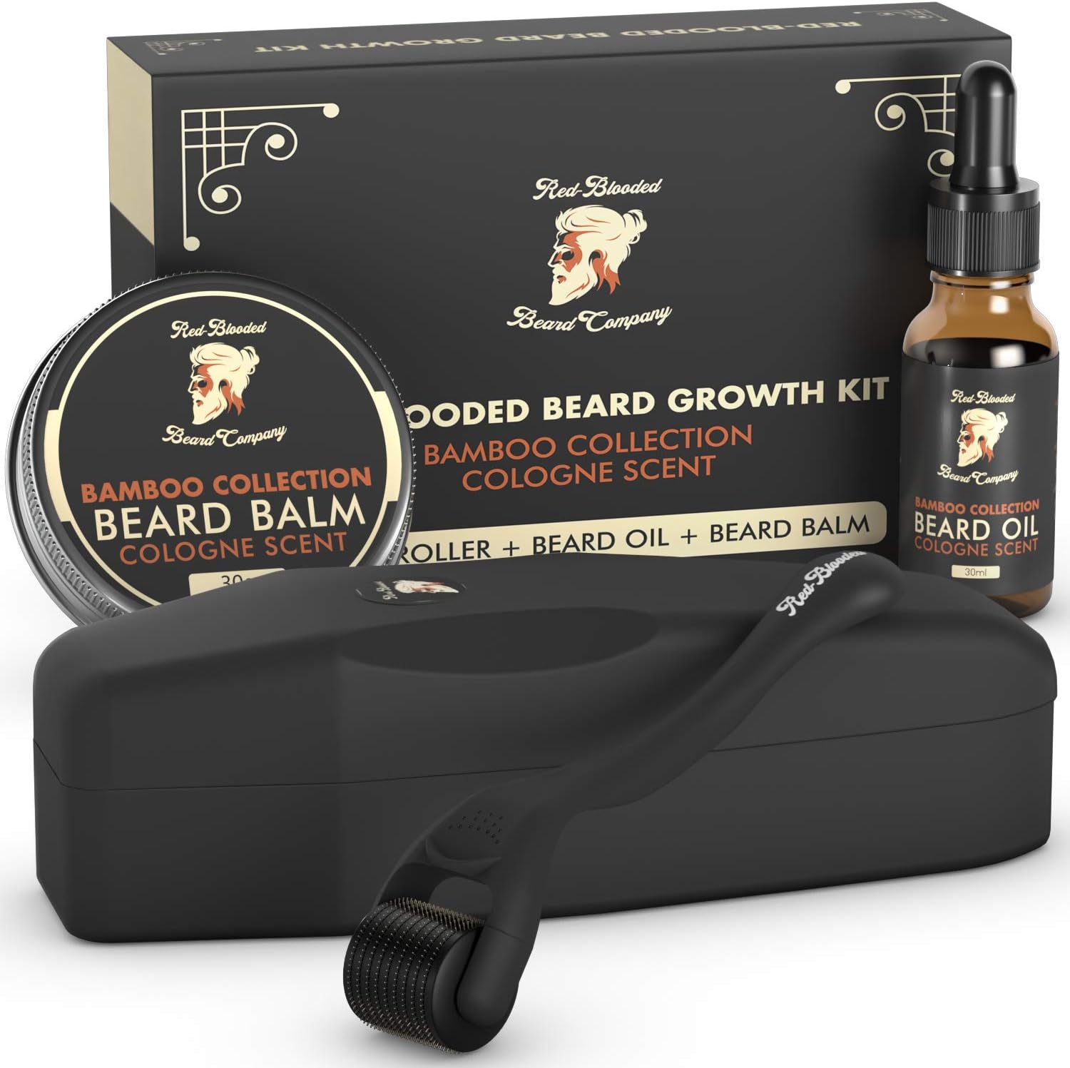 Red-Blooded Beard Growth Kit - 0.5Mm Derma Roller With Cologne Scented Oil And Balm For Healthy Hair Growth