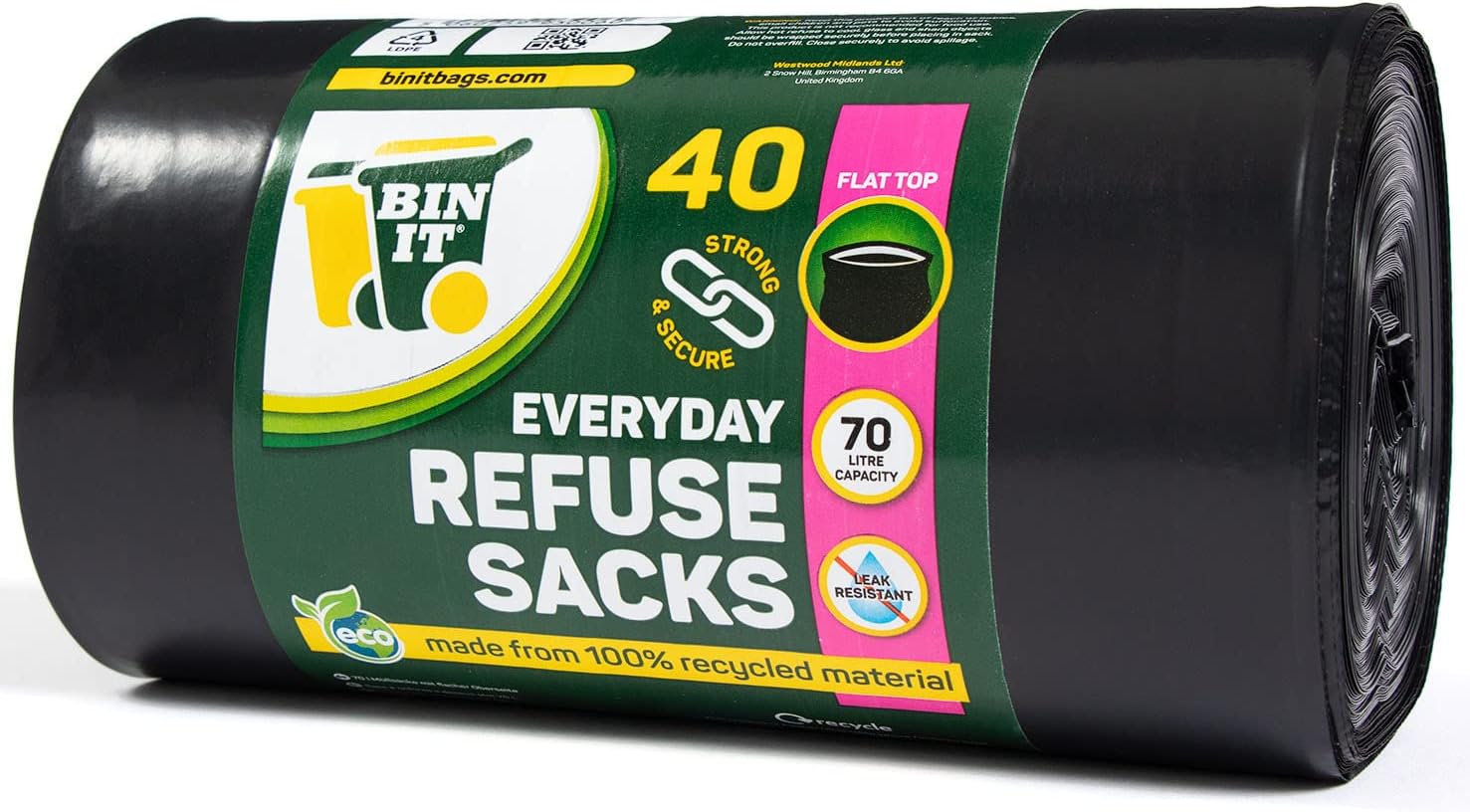 BIN IT 40 Strong & Secure Bin Bags, 70L, Recycled, Leak Resistant