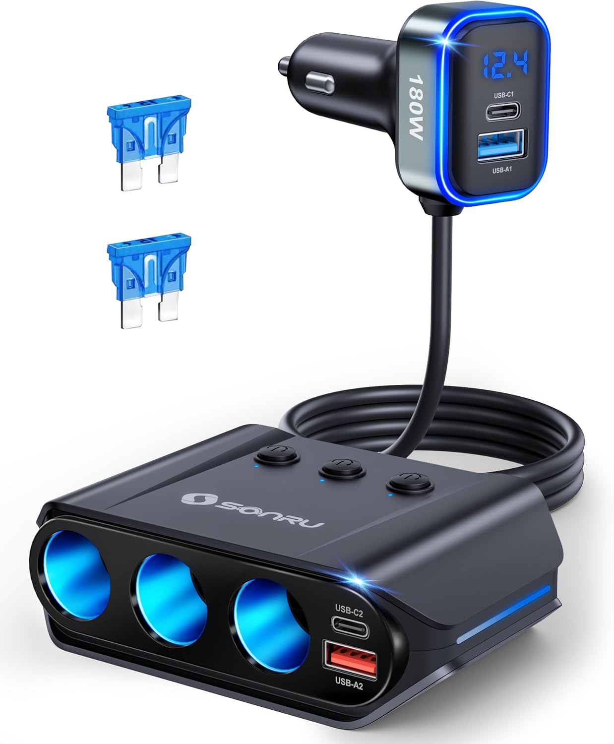 Sonru 7-In-1 Cigarette Lighter Splitter Car Charger Adapter With Dual Pd & Qc 3.0 Fast Charging Ports
