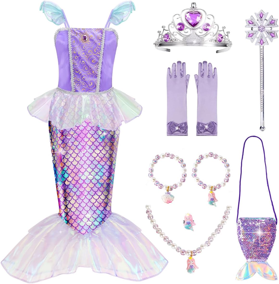 Meland Mermaid Costume For Girls - Princess Dress Up Set (Aged 3-8)