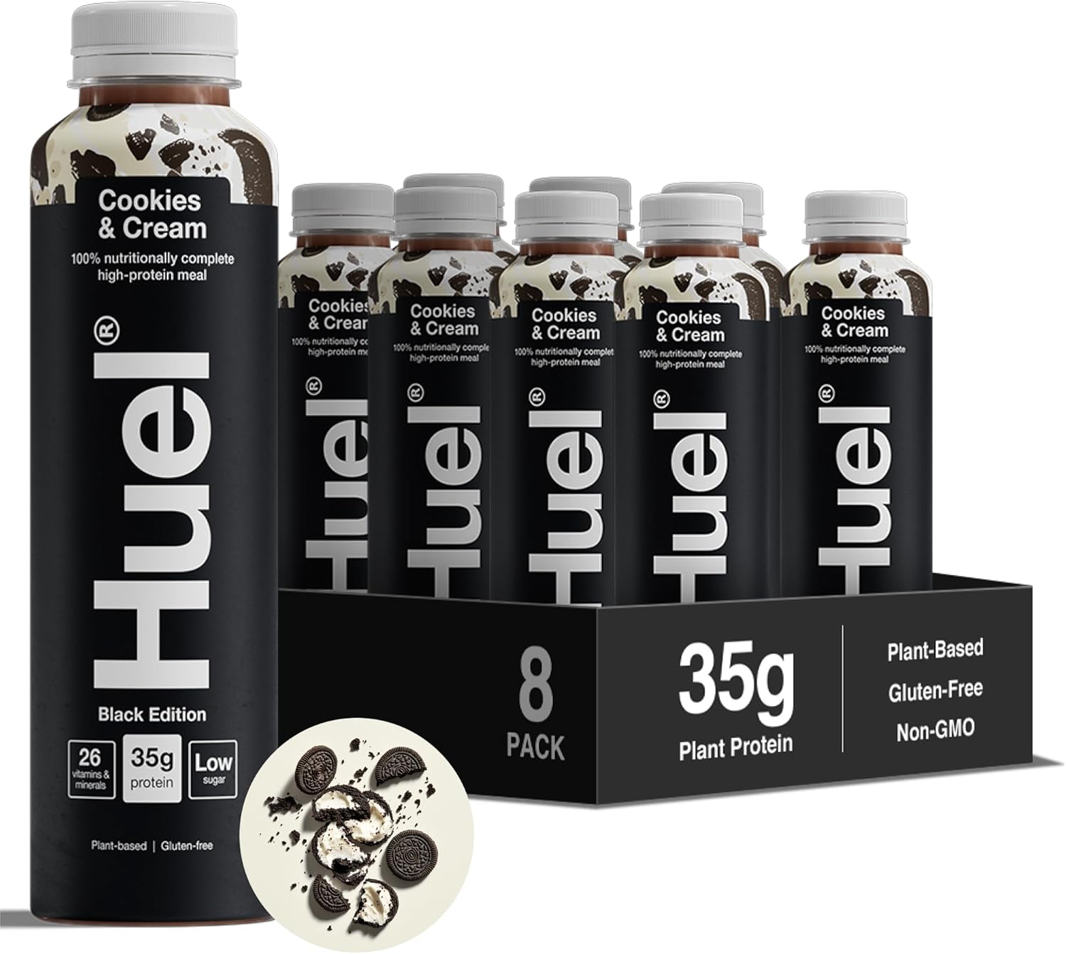 Huel Black Edition Ready-To-Drink Protein Shake, 8 X 500Ml Bottles, Cookies & Cream Flavour, 35G Protein Per Bottle