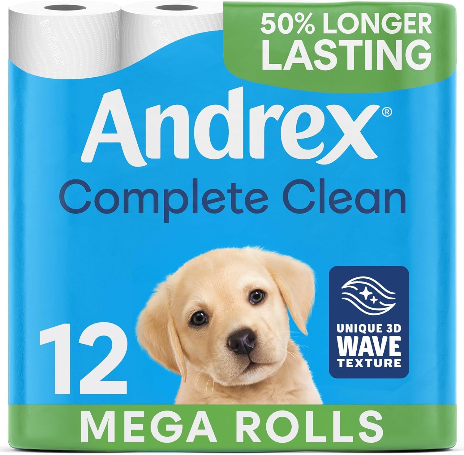 Andrex Complete Clean Mega Toilet Rolls, 12 Pack, 50% Longer Lasting