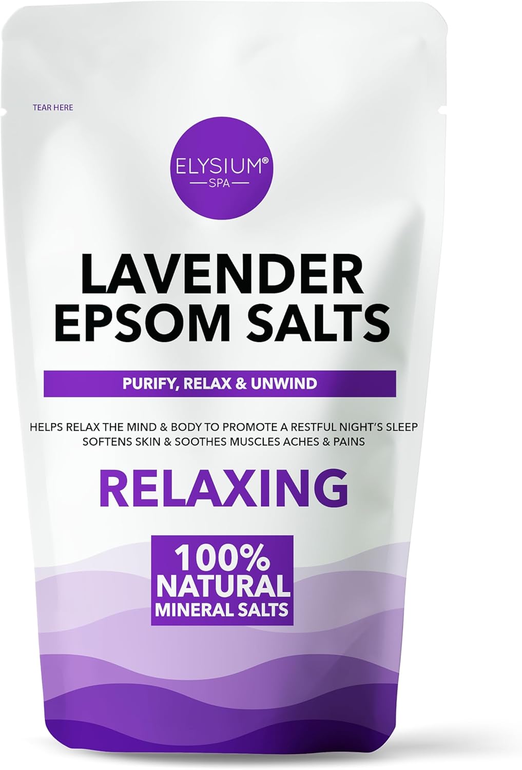 Elysium Spa Natural Lavender Epsom Salts 1Kg - Relaxing Bath Soak With Magnesium Sulphate