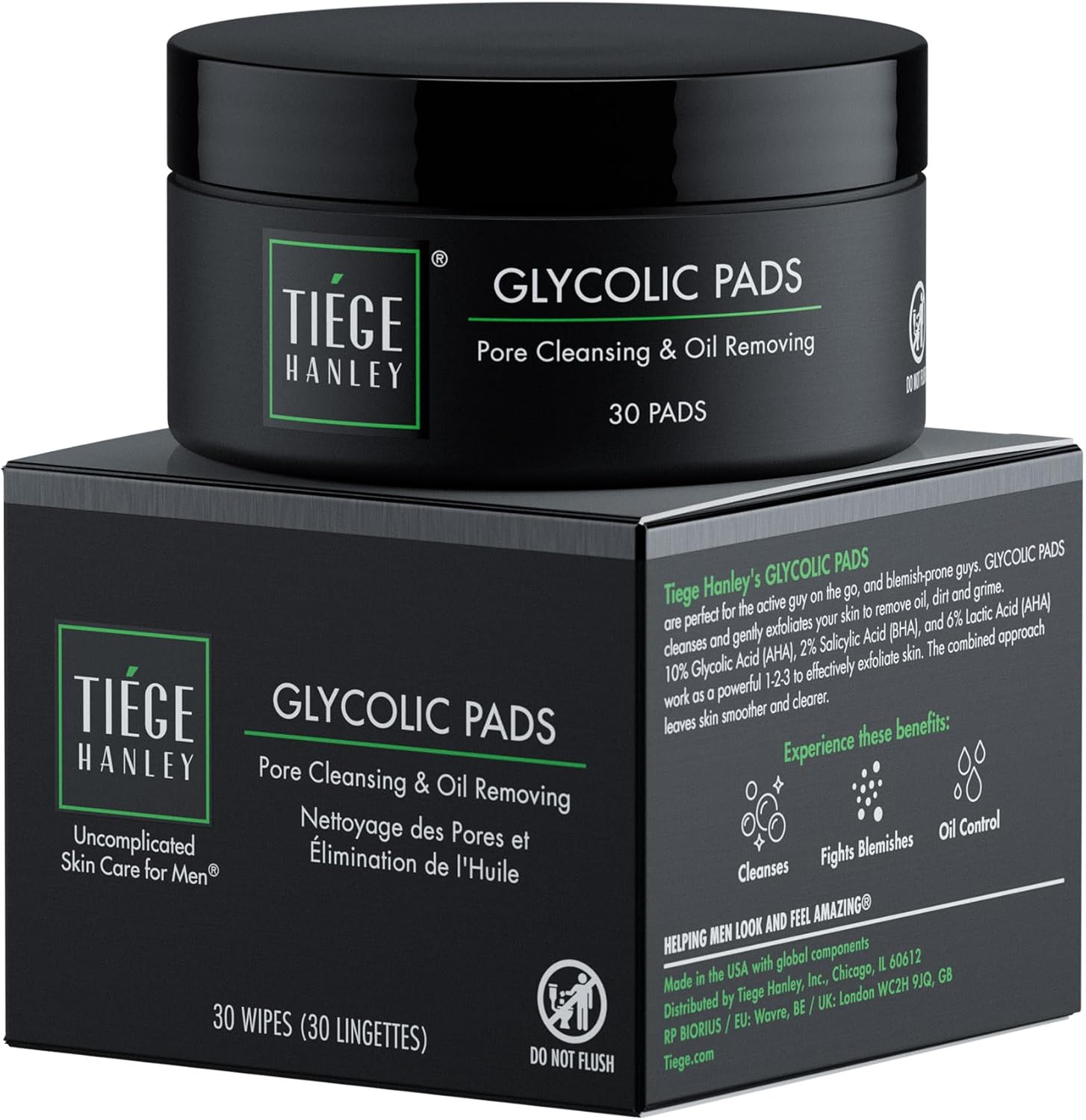 Tiege Hanley Glycolic Acid Pads For Men - Exfoliating Face Cleansing Pads With 18.5% Triple Acid Complex