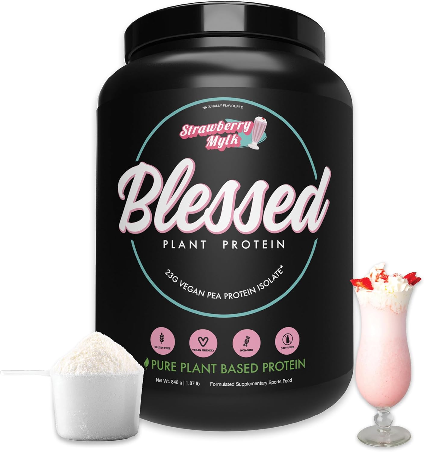 Blessed Plant Based Protein Powder - 23G Pea Protein Isolate, Strawberry Mylk Flavour, Vegan Friendly, Gluten Free, Dairy Free & Soy Free, 30 Servings