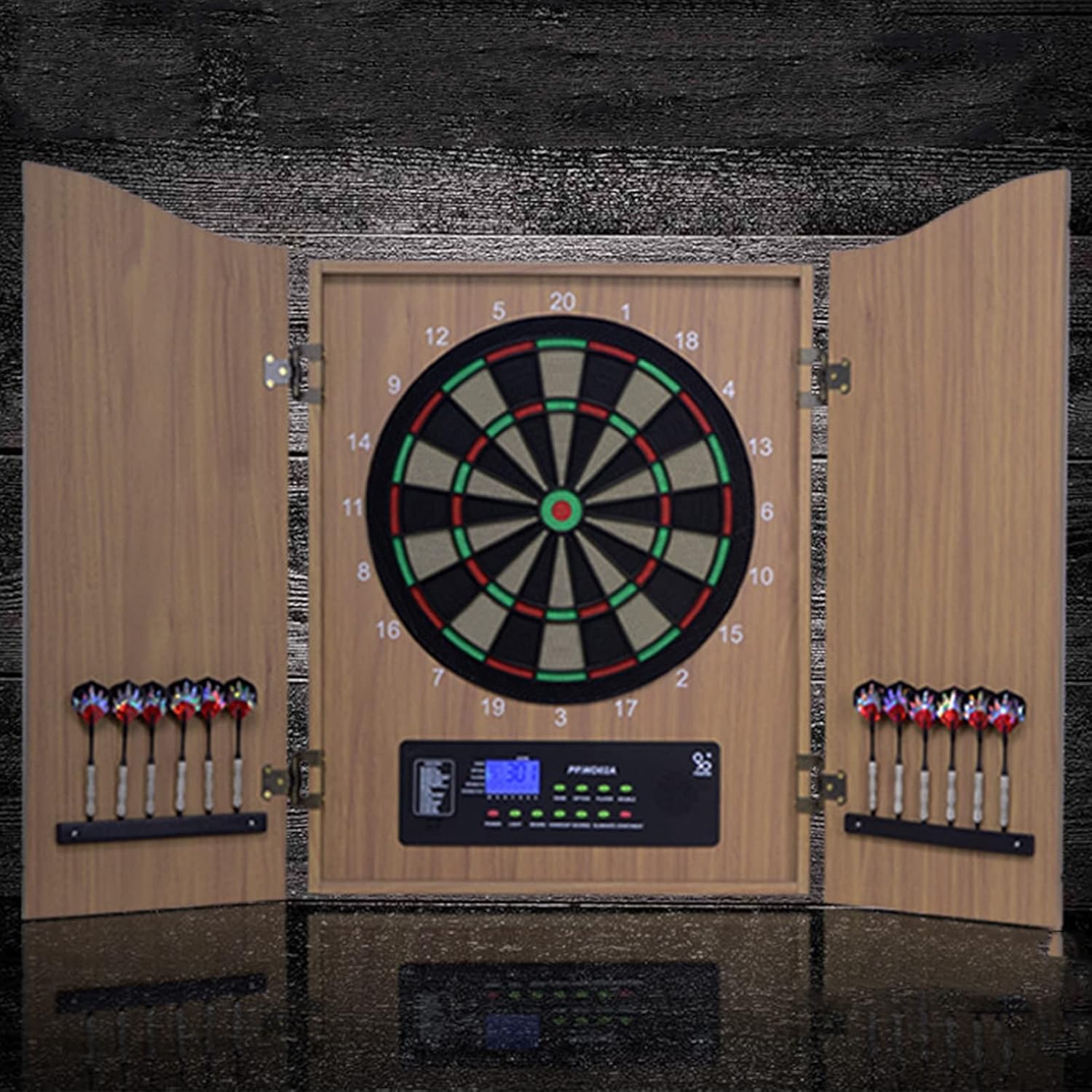 Lnlscle Brown Wood Dartboard With Cabinet & 12 Darts Electronic Scoring System