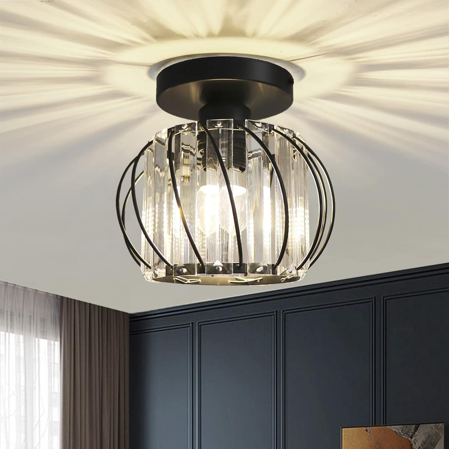 Hudi Fyier Black Crystal Ceiling Light Fixture, Modern Semi-Flush Mount Led Lighting For Hallway, Kitchen, And Dining Rooms