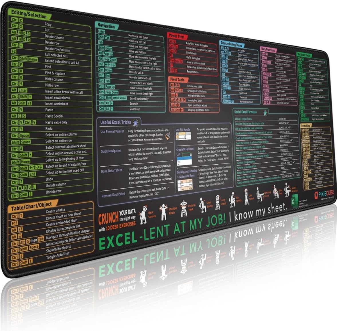 Glittery Garden Excel Shortcut Keys Mouse Pad - Extended Large Xl Cheat Sheet Gaming Mousepad Gg-2335-B