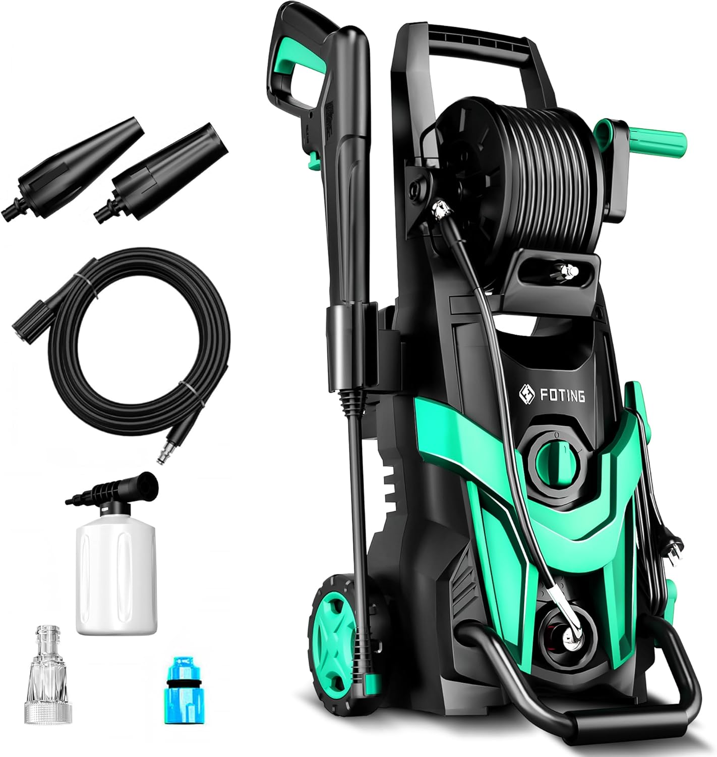 Foting Pressure Power Washer With Hose Reel, Foam Cannon And Adjustable Nozzles, 145 Bar Max Pressure, 420 L/H Flow Rate