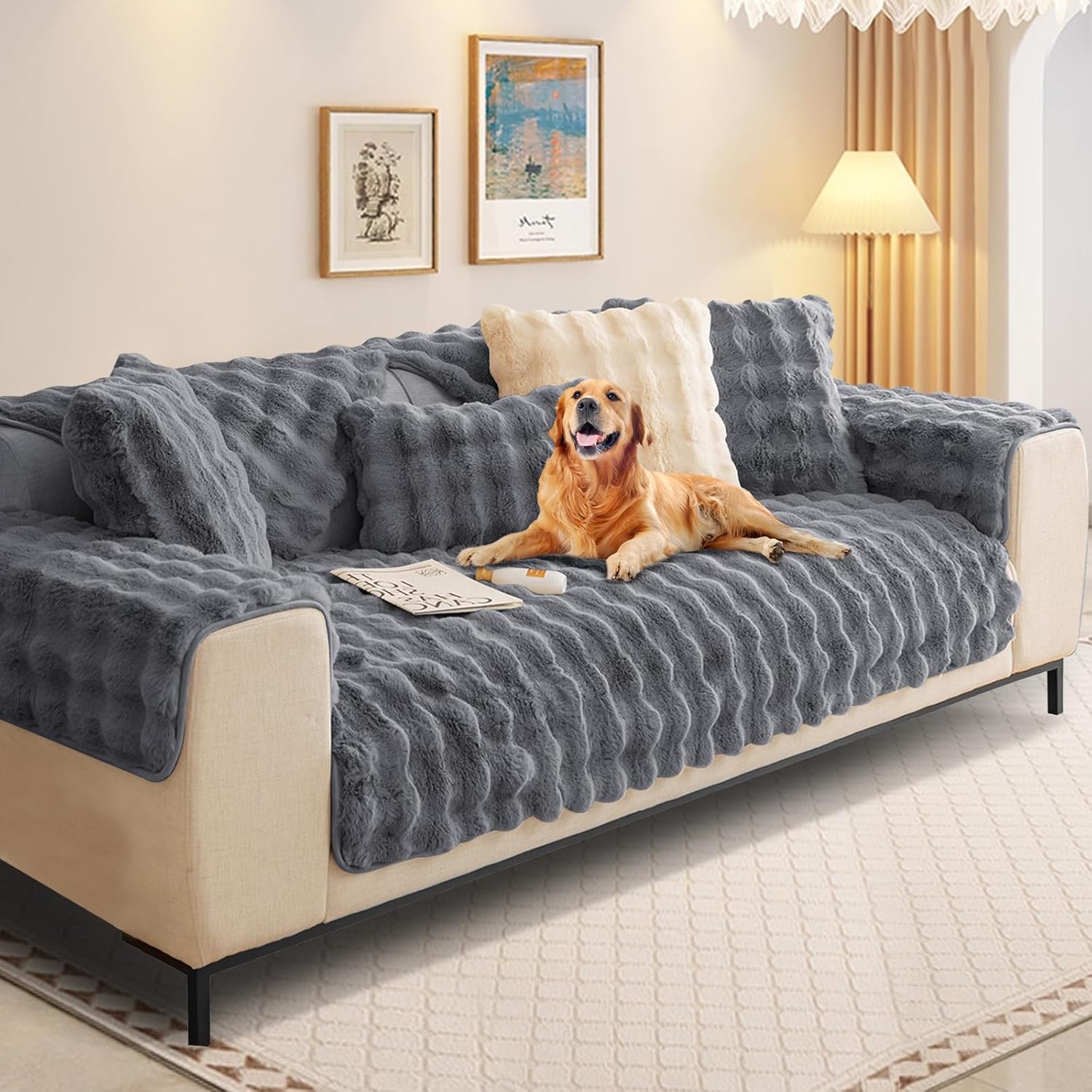 Shanna Thick Rabbit Plush Sofa Cover 1-3 Seater, Grey, Non-Slip Universal Corner Sofa Slipcover
