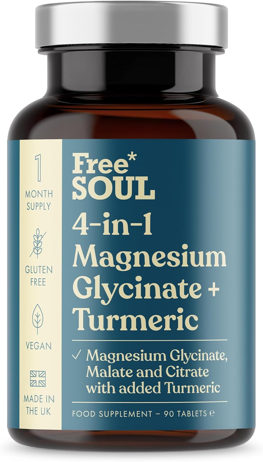 Free Soul Magnesium Glycinate + Turmeric 4-In-1 Complex Supplement, 90 Vegan Tablets